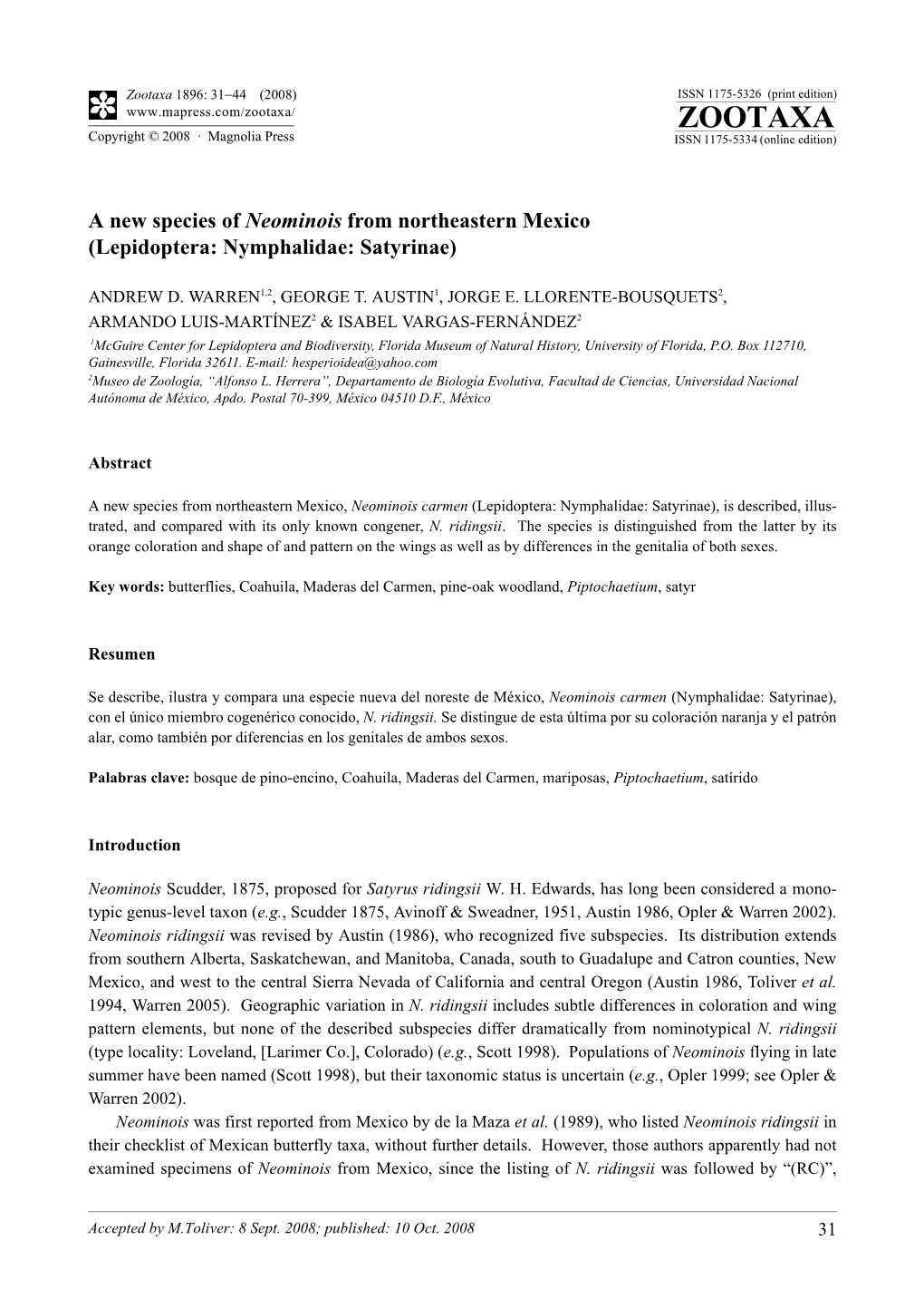 A New Species of Neominois from Northeastern Mexico (Lepidoptera: Nymphalidae: Satyrinae)