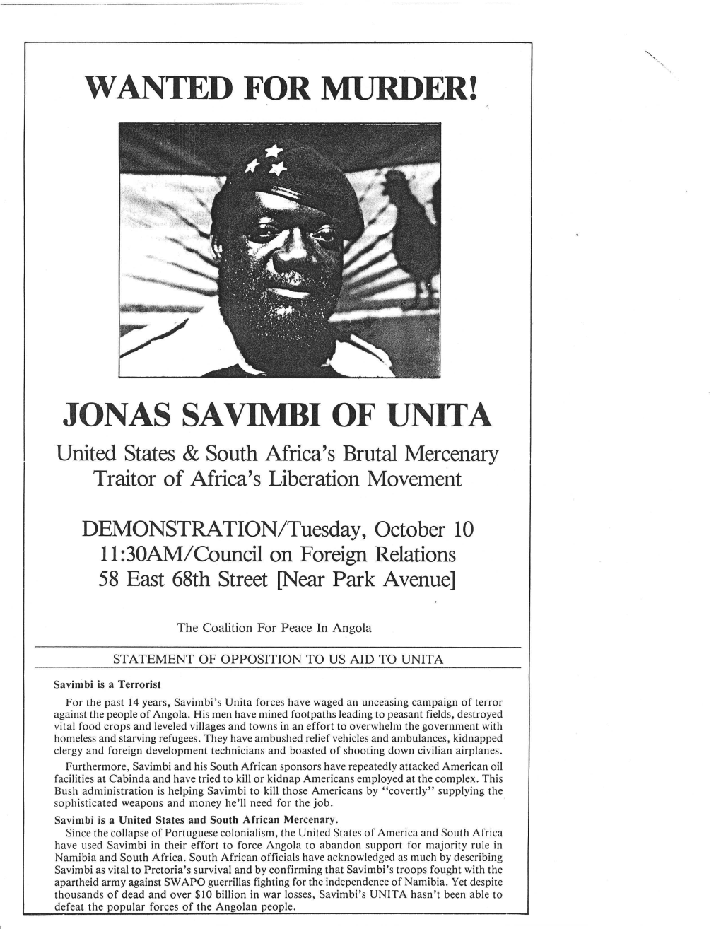 Wanted for Murder! Jonas Sa Vimbi of Unita