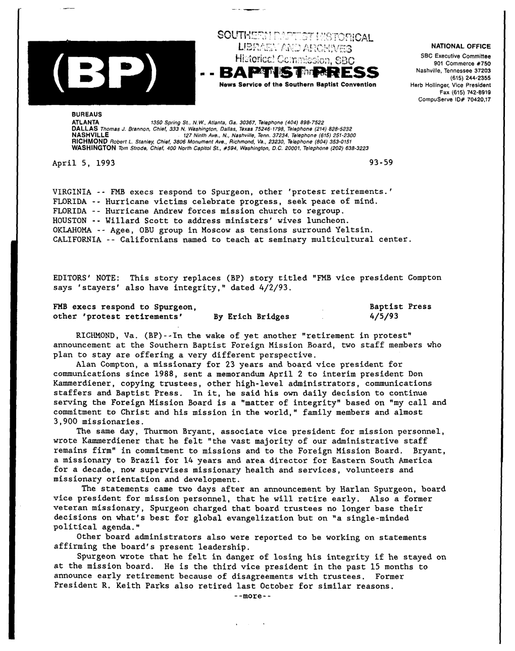 (BP) News Service of the Southern Baptist Convention Herb Hollinger, Vice President Fax (615) 742-8919 Compuserve 10# 70420,17