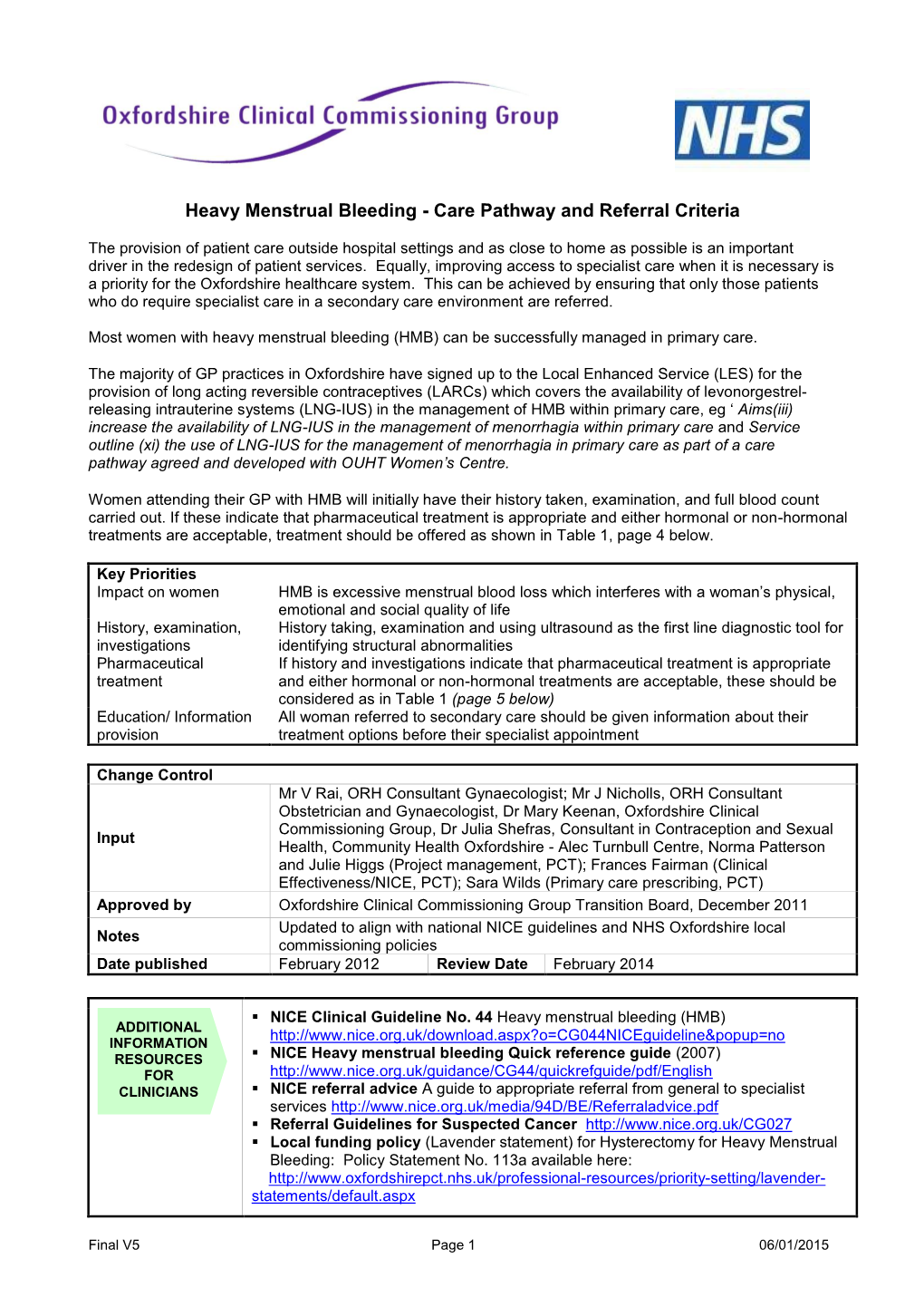 Guidelines for Heavy Menstrual Bleeding Primary Care Pathway