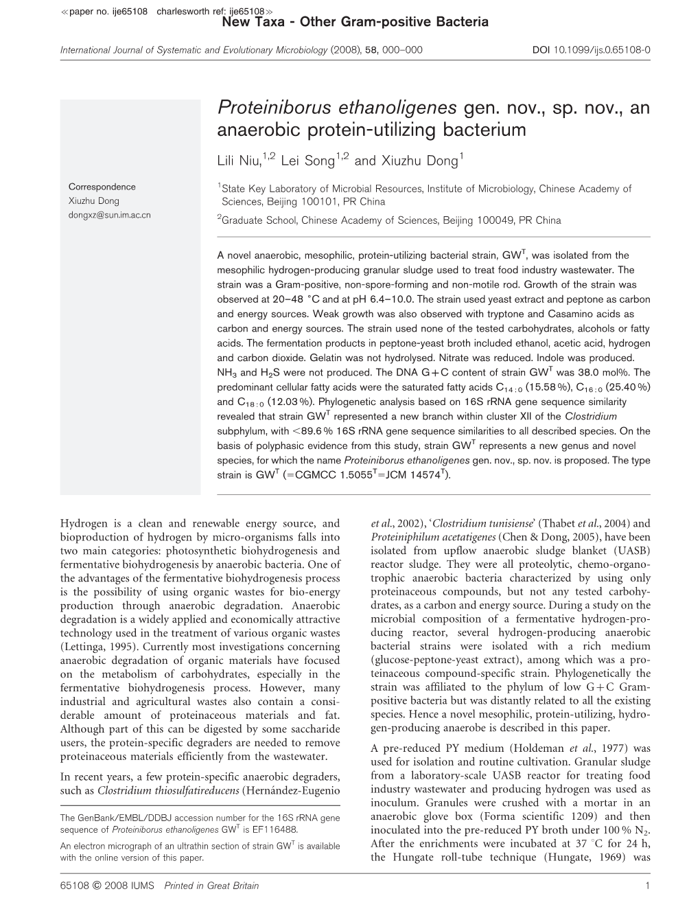 Proteiniborus Ethanoligenes Gen. Nov., Sp. Nov., an Anaerobic Protein-Utilizing Bacterium