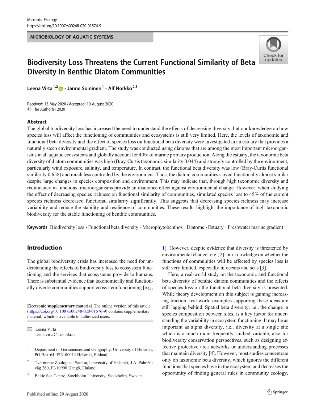 Biodiversity Loss Threatens the Current Functional Similarity of Beta Diversity in Benthic Diatom Communities