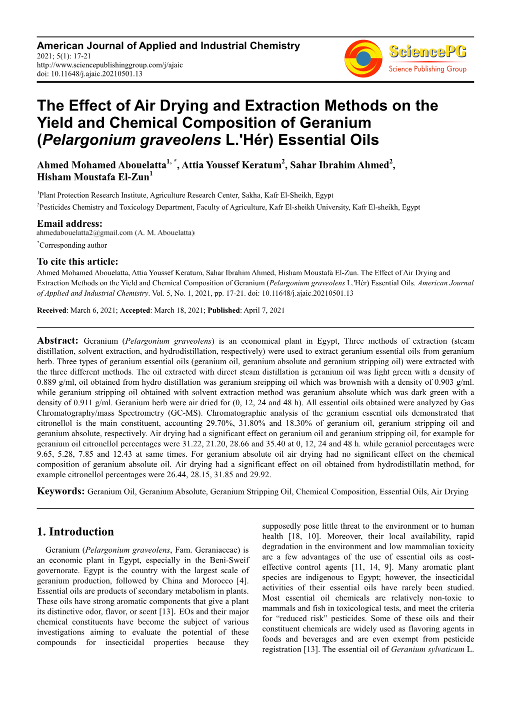 The Effect of Air Drying and Extraction Methods on the Yield and Chemical Composition of Geranium (Pelargonium Graveolens L.'Hér) Essential Oils