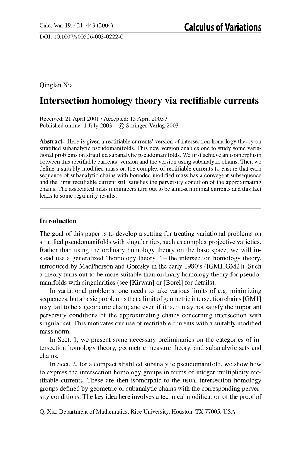 Intersection Homology Theory Via Rectifiable Currents