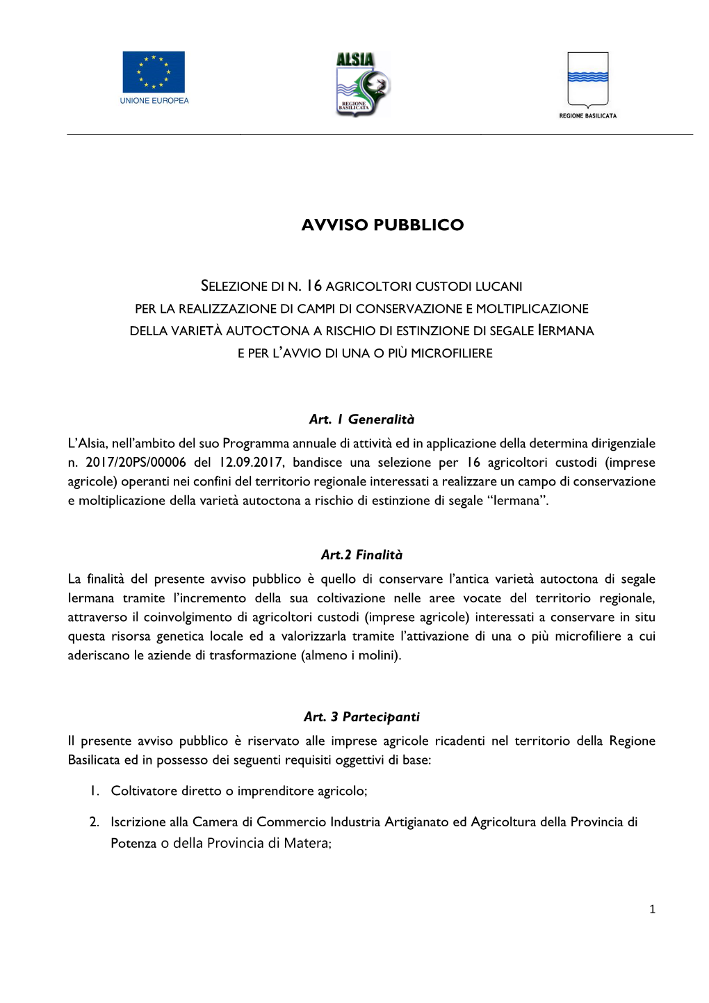 Avviso Pubblico Selezione Di N. 16 Agricoltori Custodi Lucani