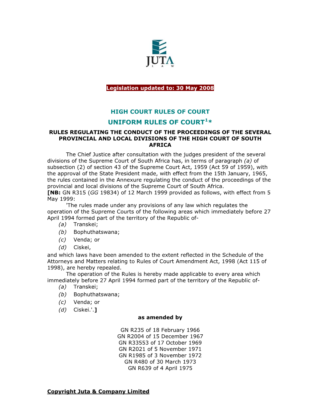 Juta's Statutes of South Africa (As at 25 April 2008)