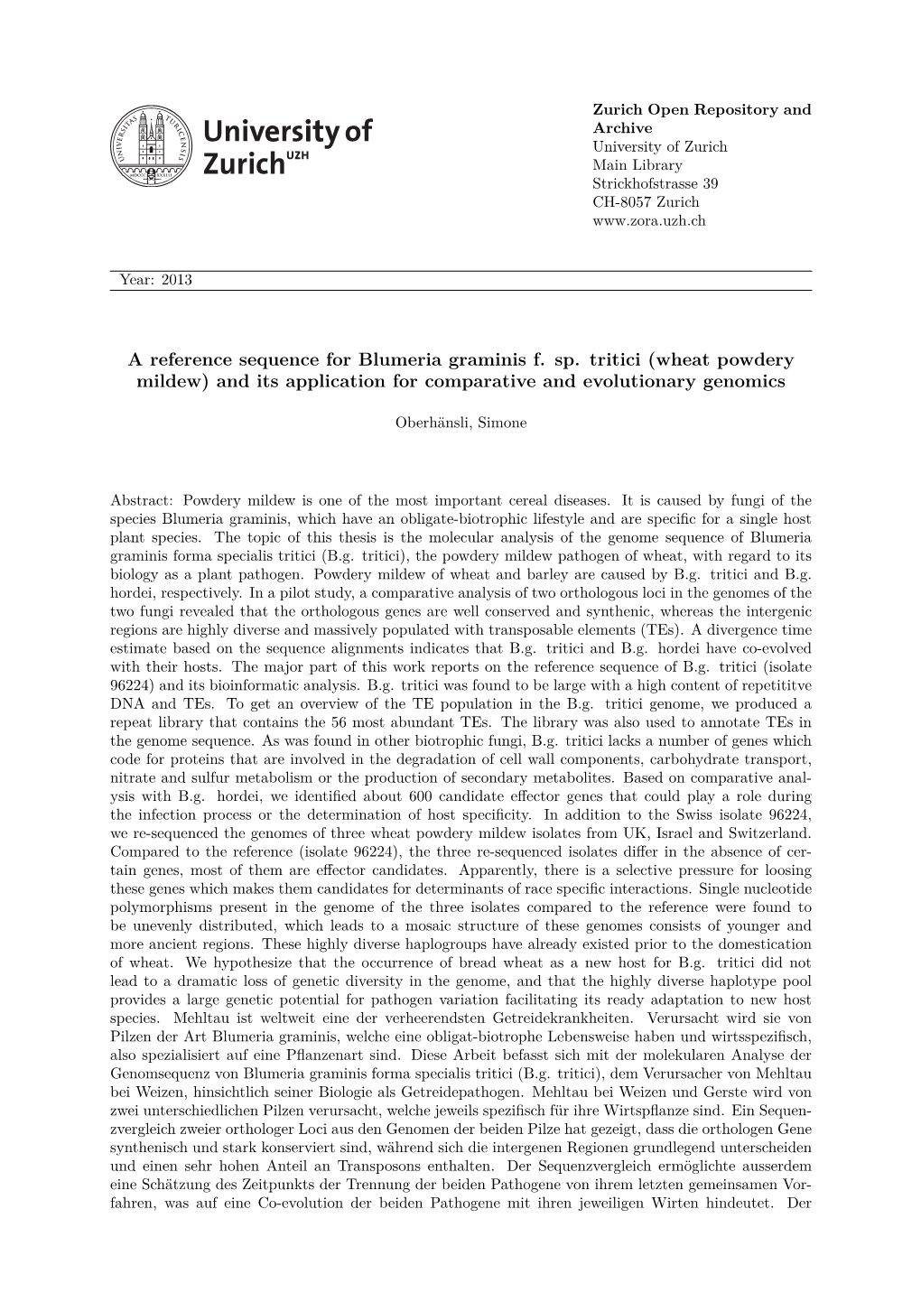 A Reference Sequence for Blumeria Graminis F. Sp. Tritici (Wheat Powdery Mildew) and Its Application for Comparative and Evolutionary Genomics