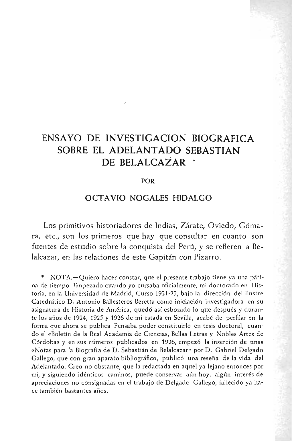Ensayo De Investicacion Biocrafica Sobre El Adelantado Sebastian De Belalcazar *