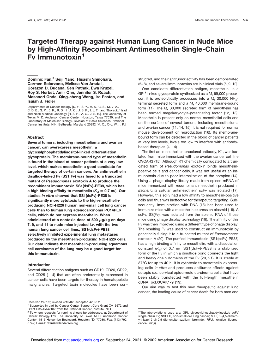 Targeted Therapy Against Human Lung Cancer in Nude Mice by High-Affinity Recombinant Antimesothelin Single-Chain Fv Immunotoxin1