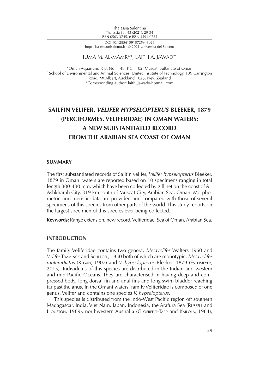 Sailfin Velifer, Velifer Hypselopterus Bleeker, 1879 (Perciformes, Veliferidae) in Oman Waters: a New Substantiated Record from the Arabian Sea Coast of Oman