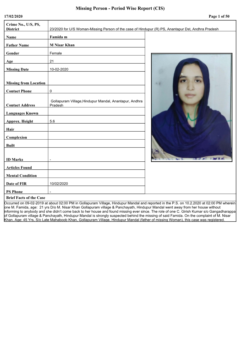 Missing Person - Period Wise Report (CIS) 17/02/2020 Page 1 of 50