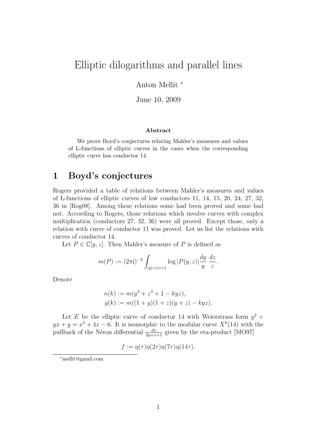 Elliptic Dilogarithms and Parallel Lines