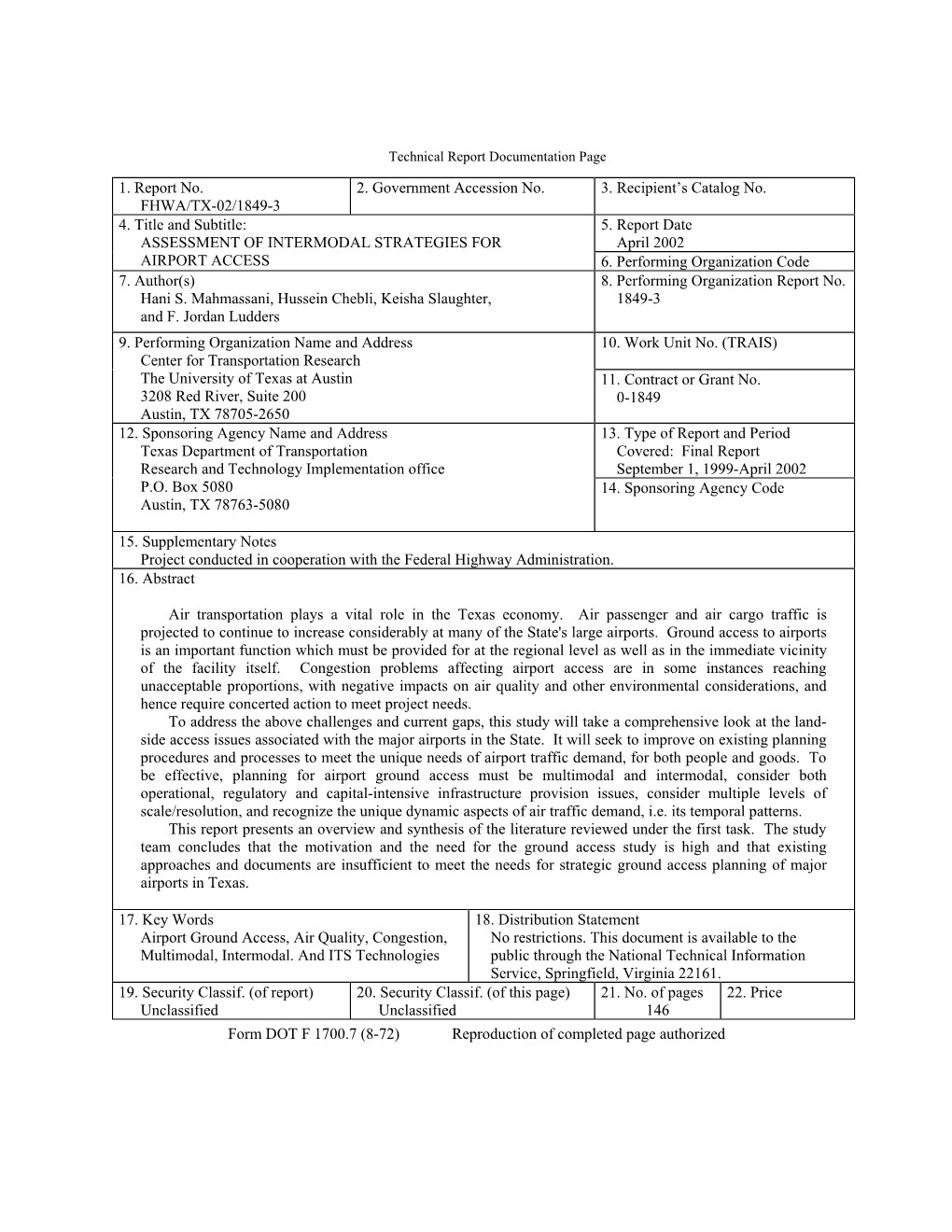 Assessment of Intermodal Strategies for Airport Access (FHWA/TX-02