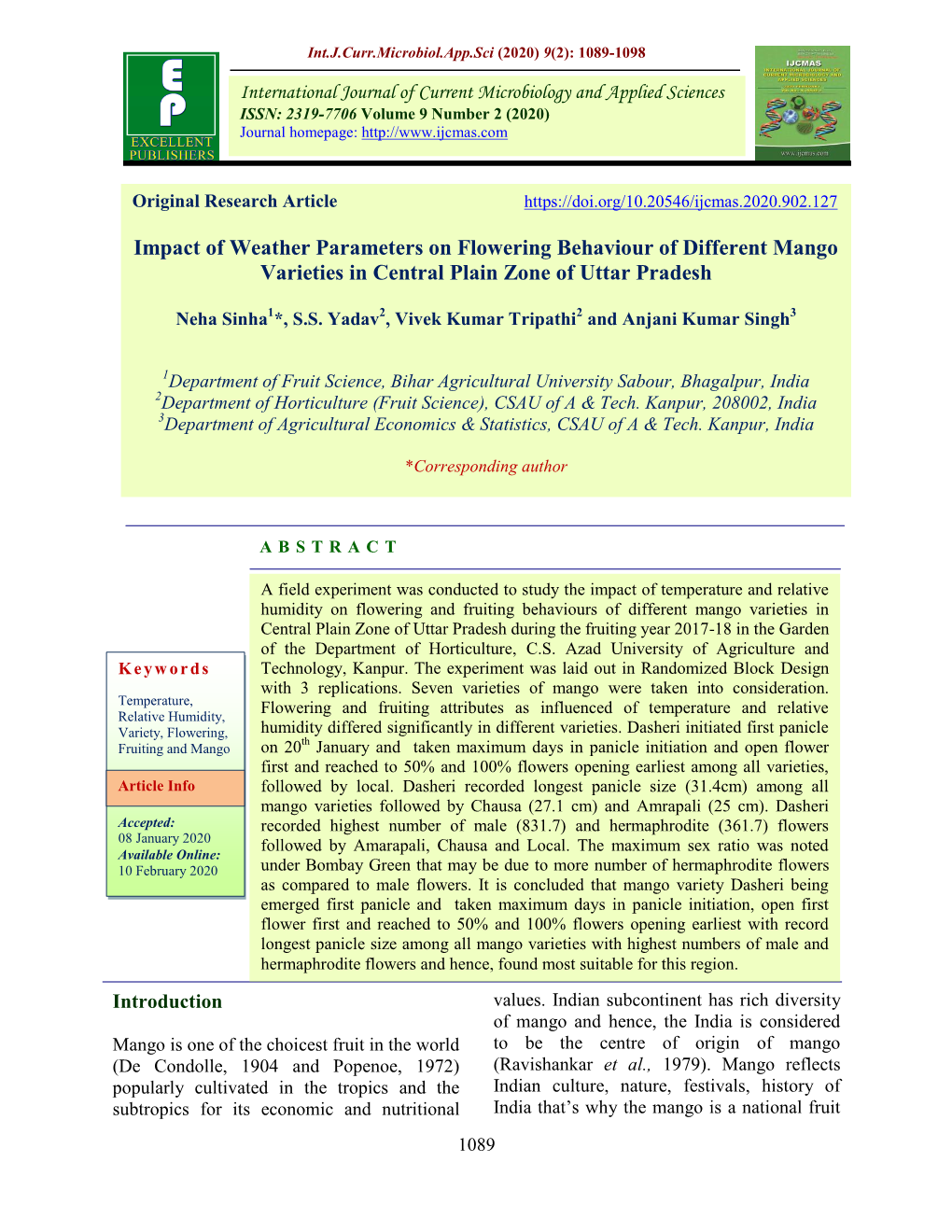 Impact of Weather Parameters on Flowering Behaviour of Different Mango Varieties in Central Plain Zone of Uttar Pradesh