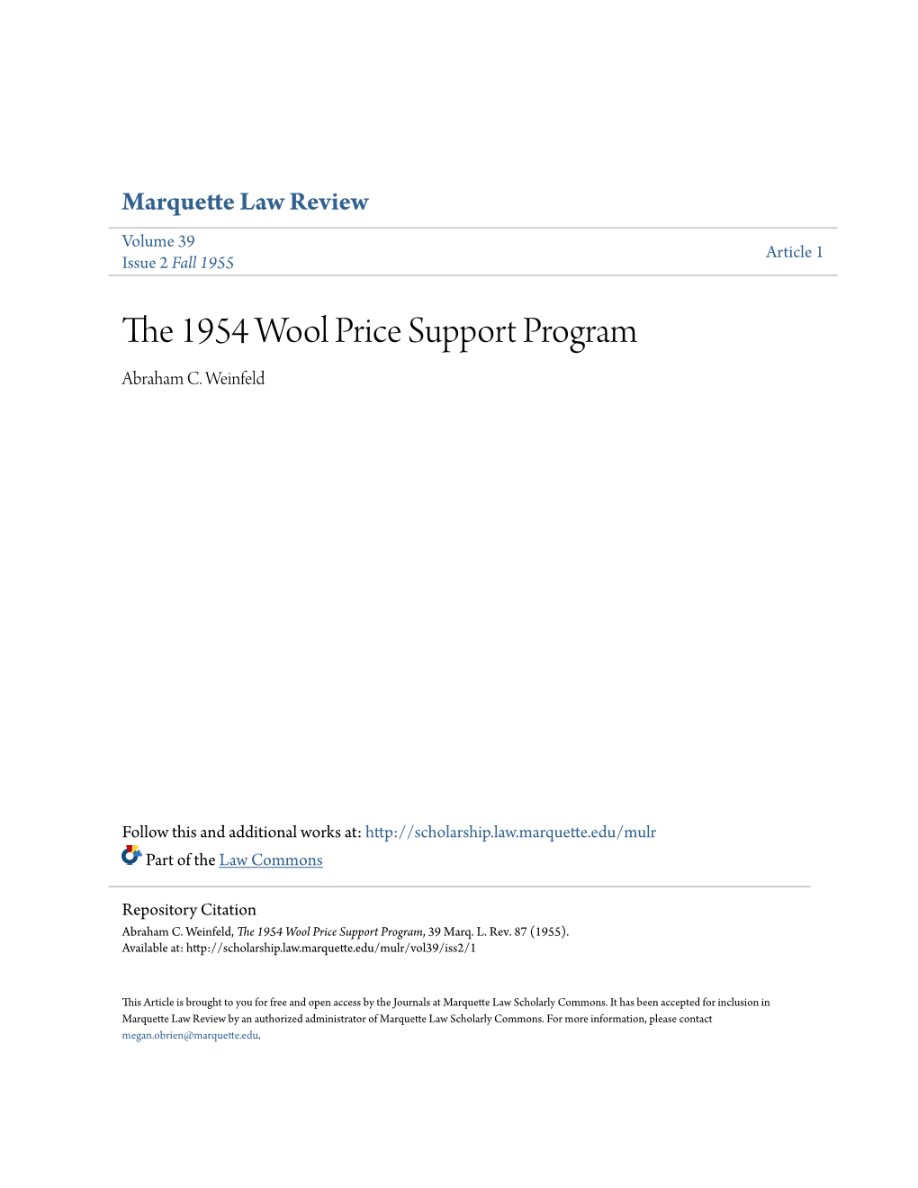 The 1954 Wool Price Support Program, 39 Marq