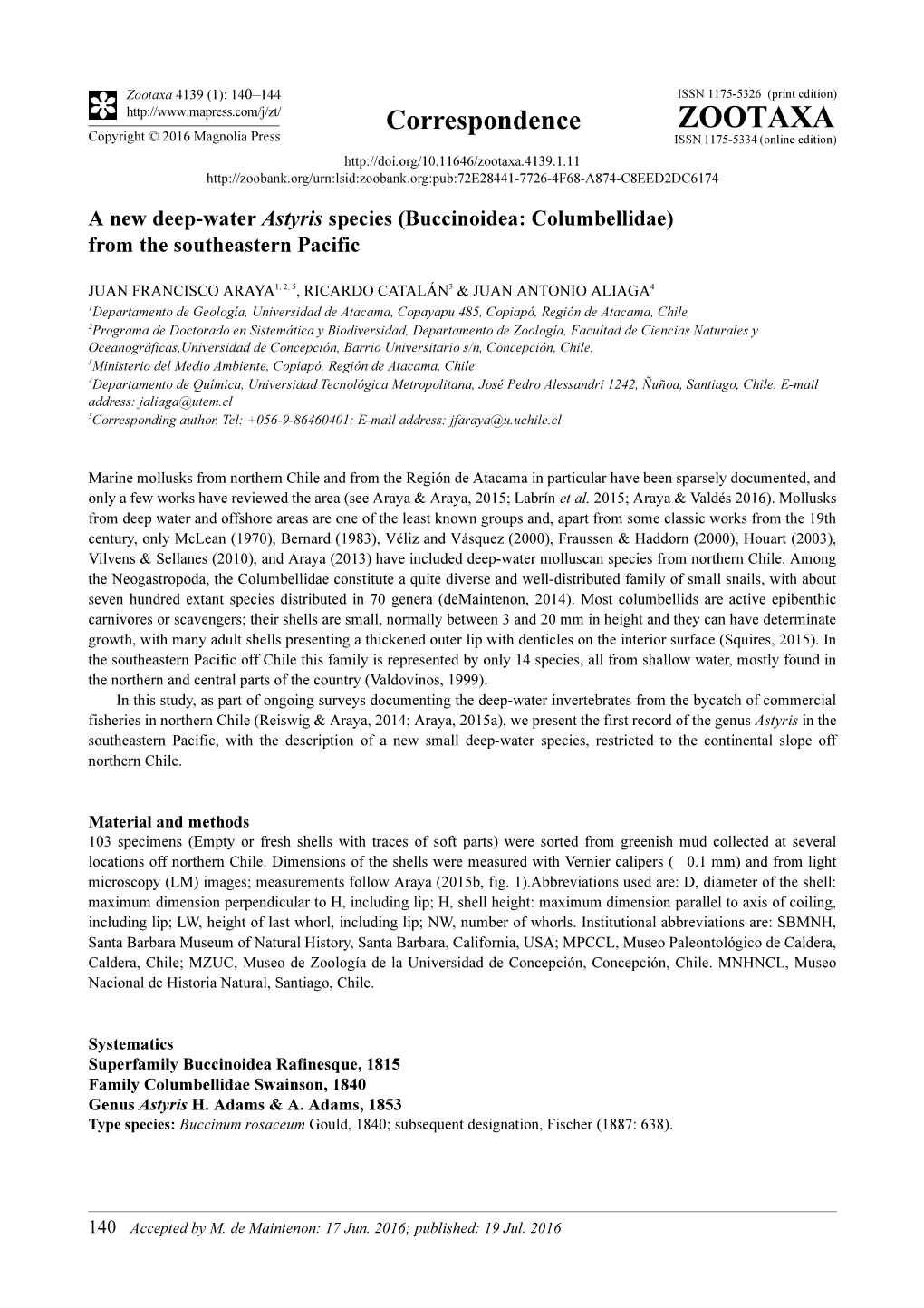 A New Deep-Water Astyris Species (Buccinoidea: Columbellidae) from the Southeastern Pacific