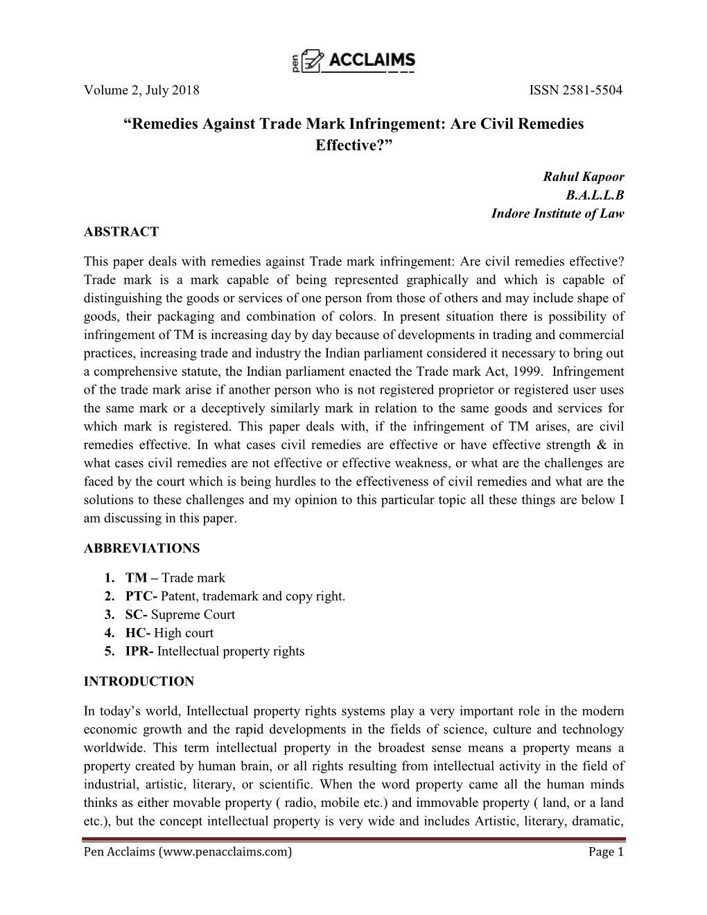 “Remedies Against Trade Mark Infringement: Are Civil Remedies Effective?”