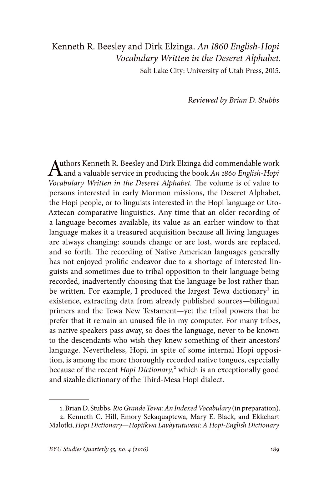 Kenneth R. Beesley and Dirk Elzinga. an 1860 English-Hopi Vocabulary Written in the Deseret Alphabet
