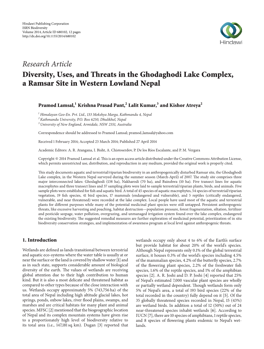 Diversity, Uses, and Threats in the Ghodaghodi Lake Complex, a Ramsar Site in Western Lowland Nepal