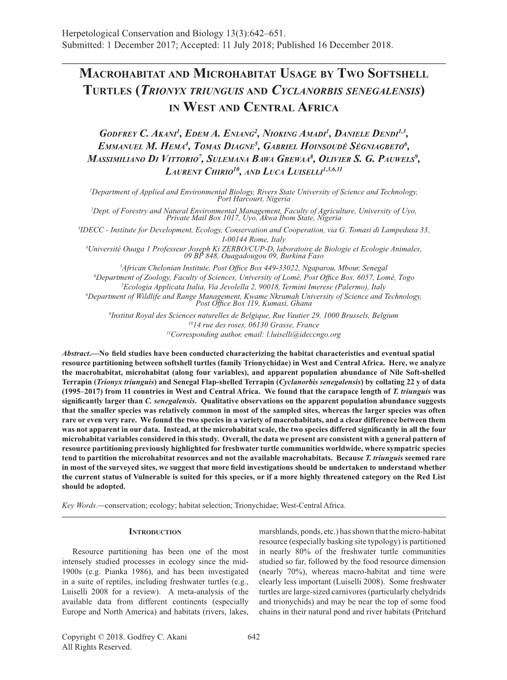 Macrohabitat and Microhabitat Usage by Two Softshell Turtles (Trionyx Triunguis and Cyclanorbis Senegalensis) in West and Central Africa