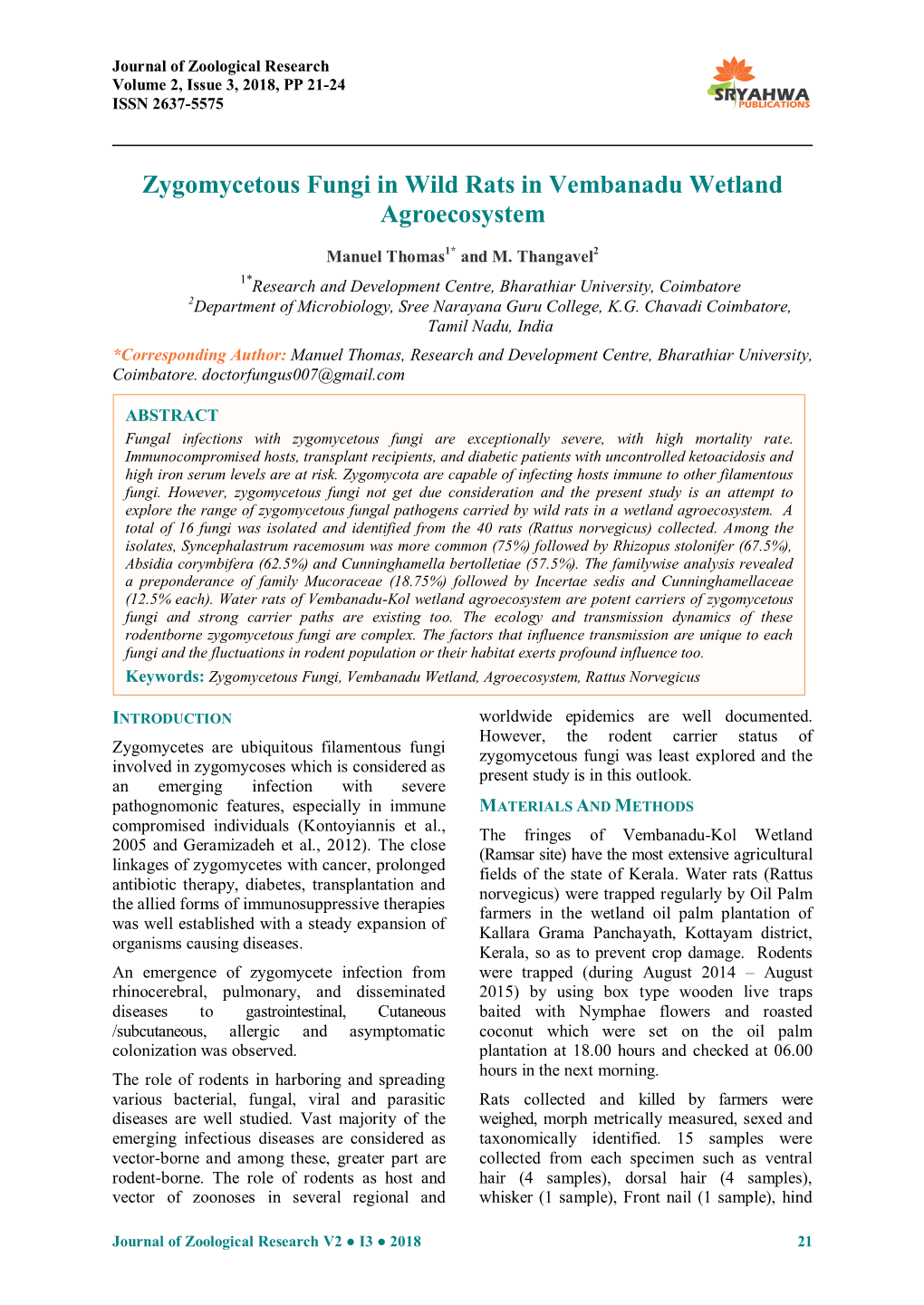 Zygomycetous Fungi in Wild Rats in Vembanadu Wetland Agroecosystem