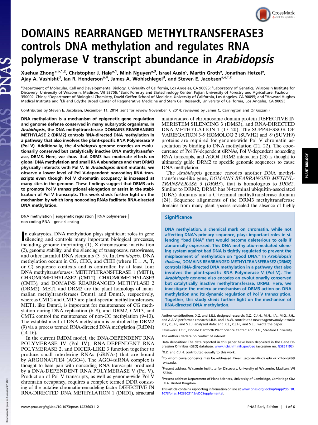 DOMAINS REARRANGED METHYLTRANSFERASE3 Controls DNA Methylation and Regulates RNA Polymerase V Transcript Abundance in Arabidopsis