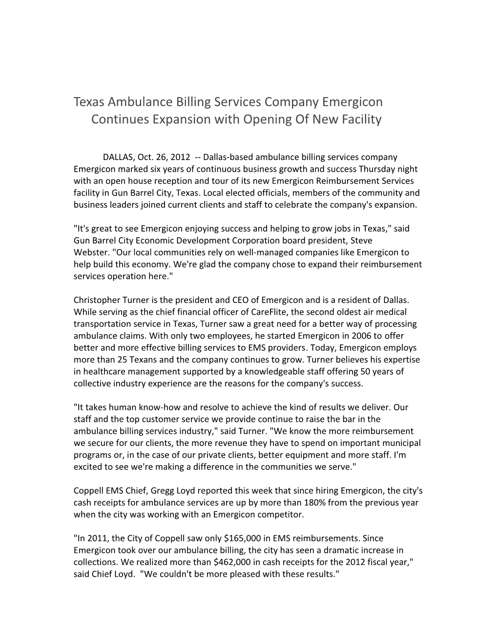 Texas Ambulance Billing Services Company Emergicon Continues Expansion with Opening Of