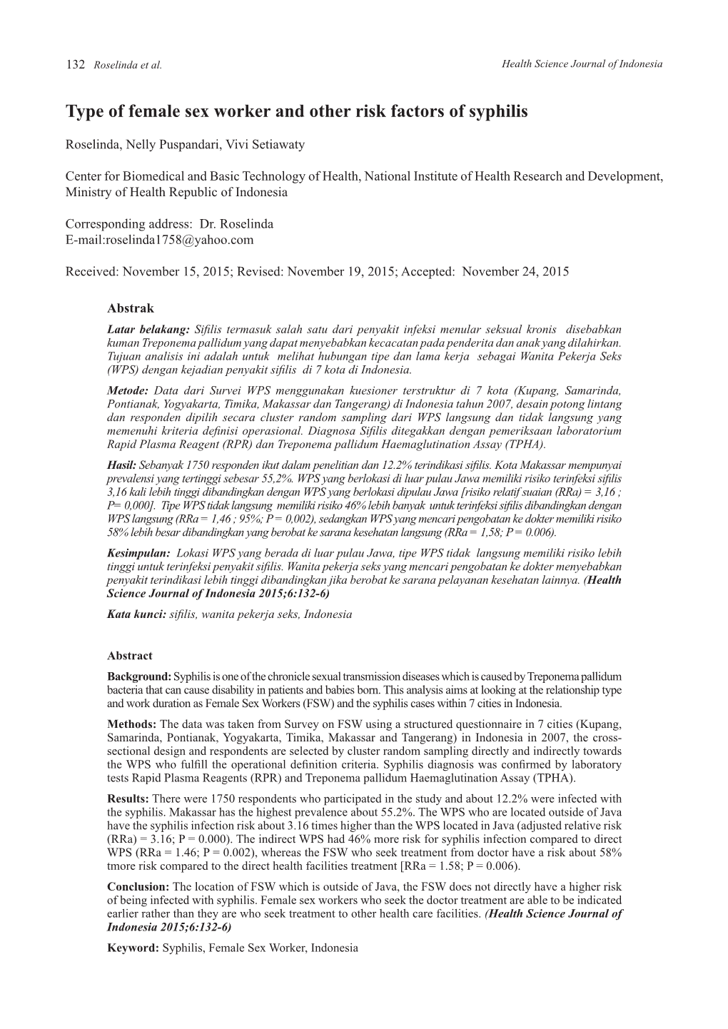 Type of Female Sex Worker and Other Risk Factors of Syphilis