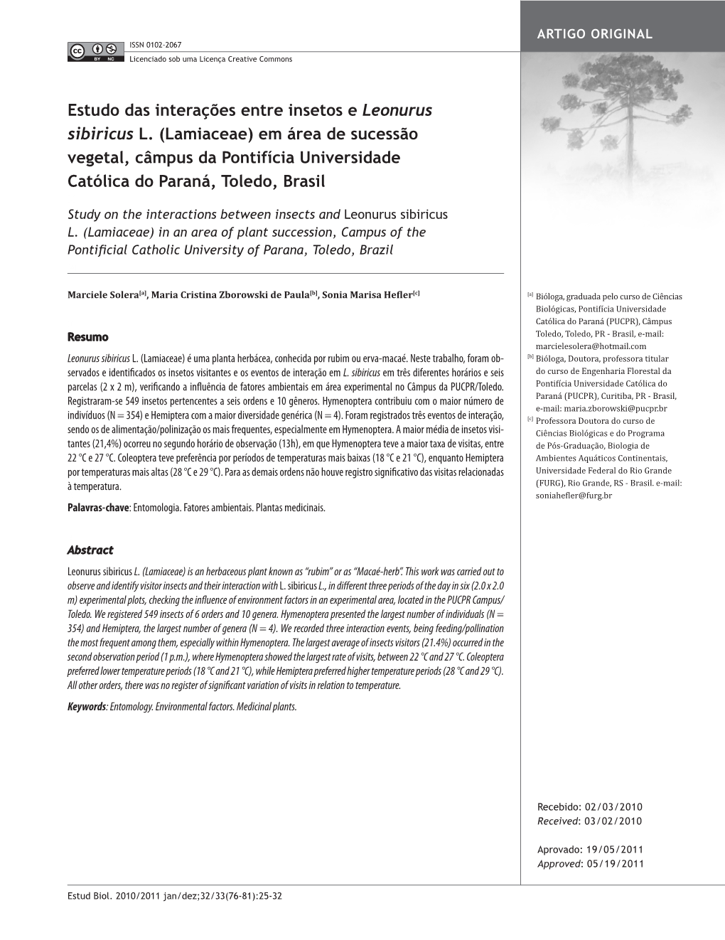 Estudo Das Interações Entre Insetos E Leonurus Sibiricus L. (Lamiaceae