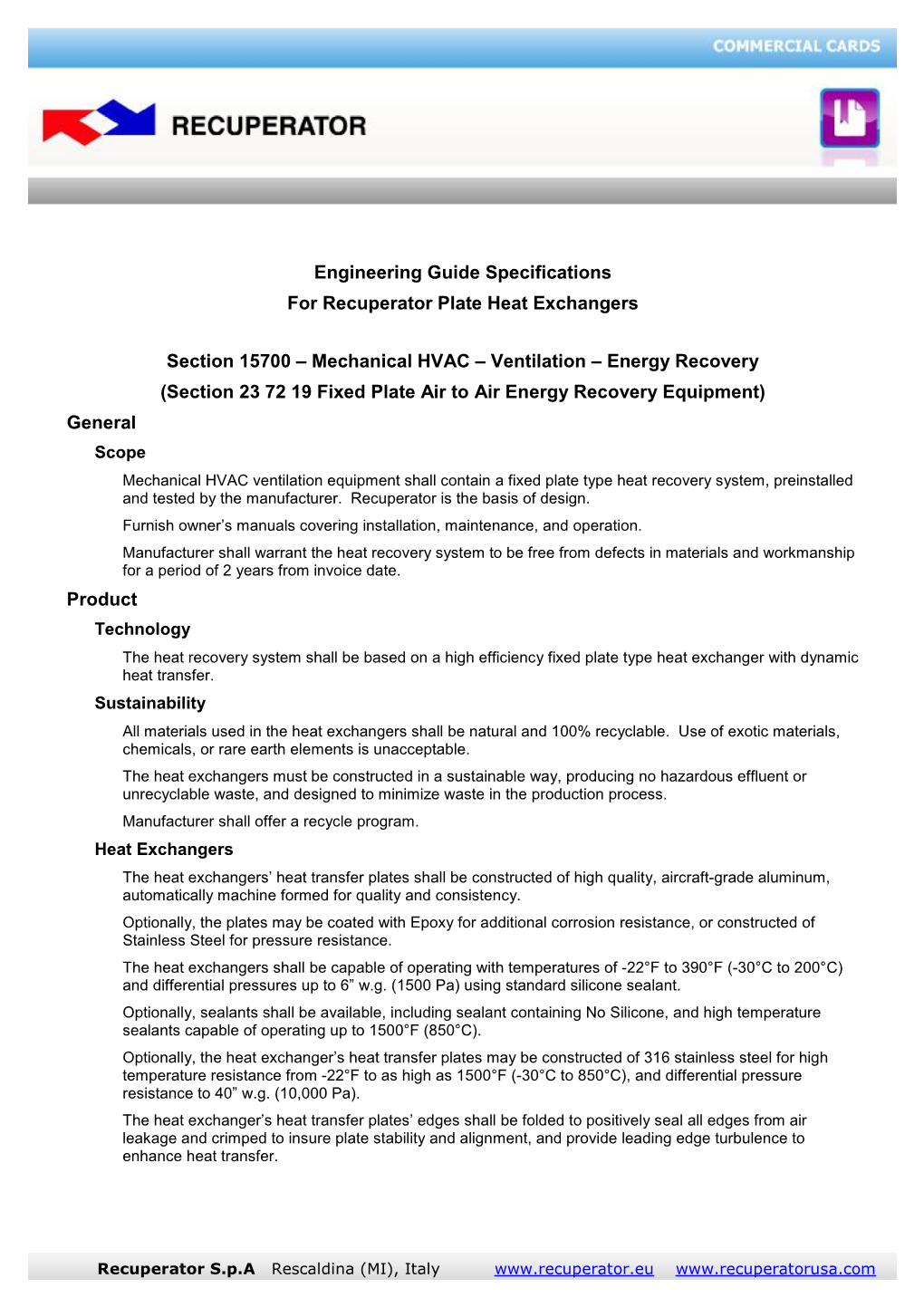 Recuperator Guide Specifications