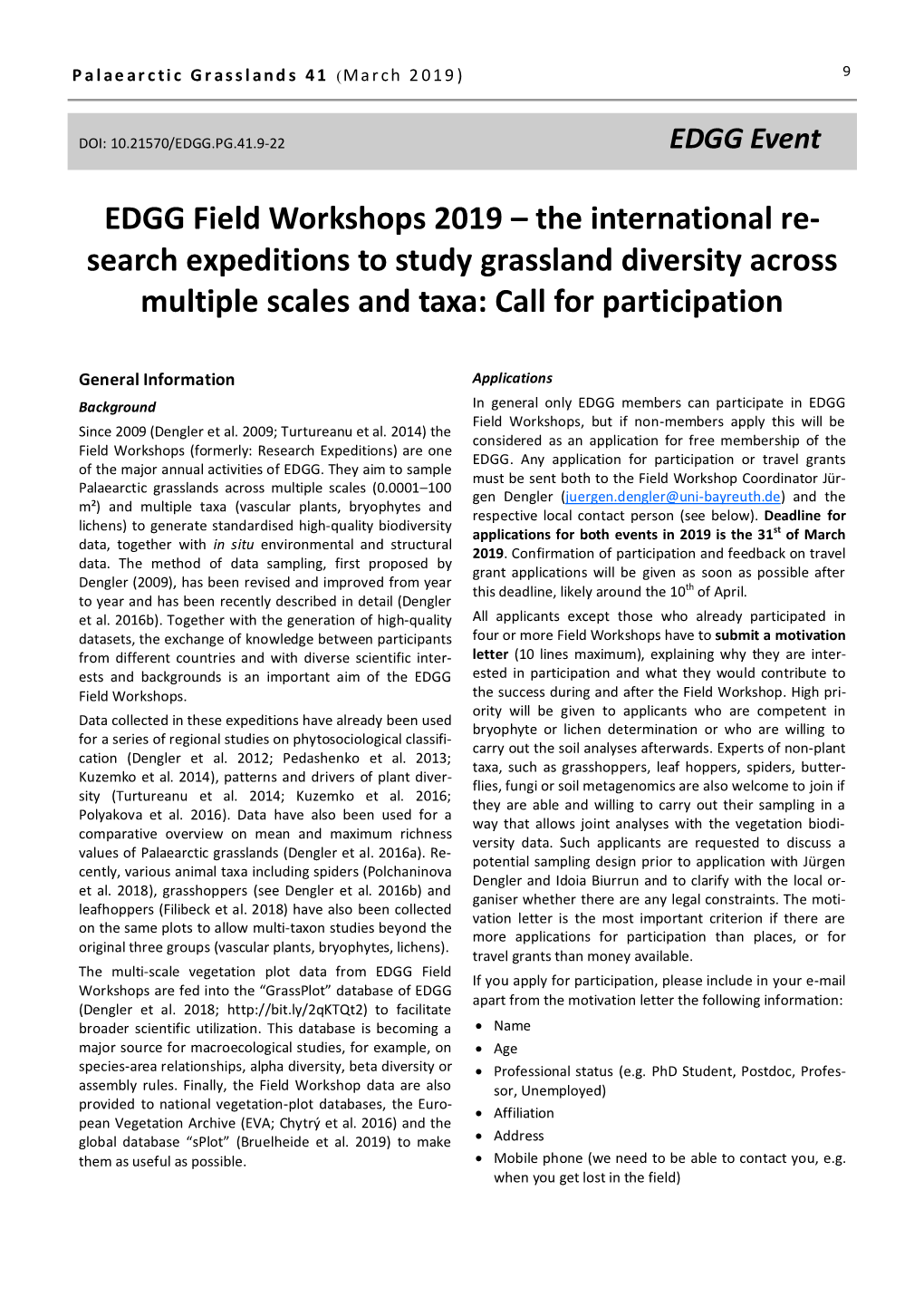 EDGG Field Workshops 2019 – the International Re- Search Expeditions to Study Grassland Diversity Across Multiple Scales and Taxa: Call for Participation