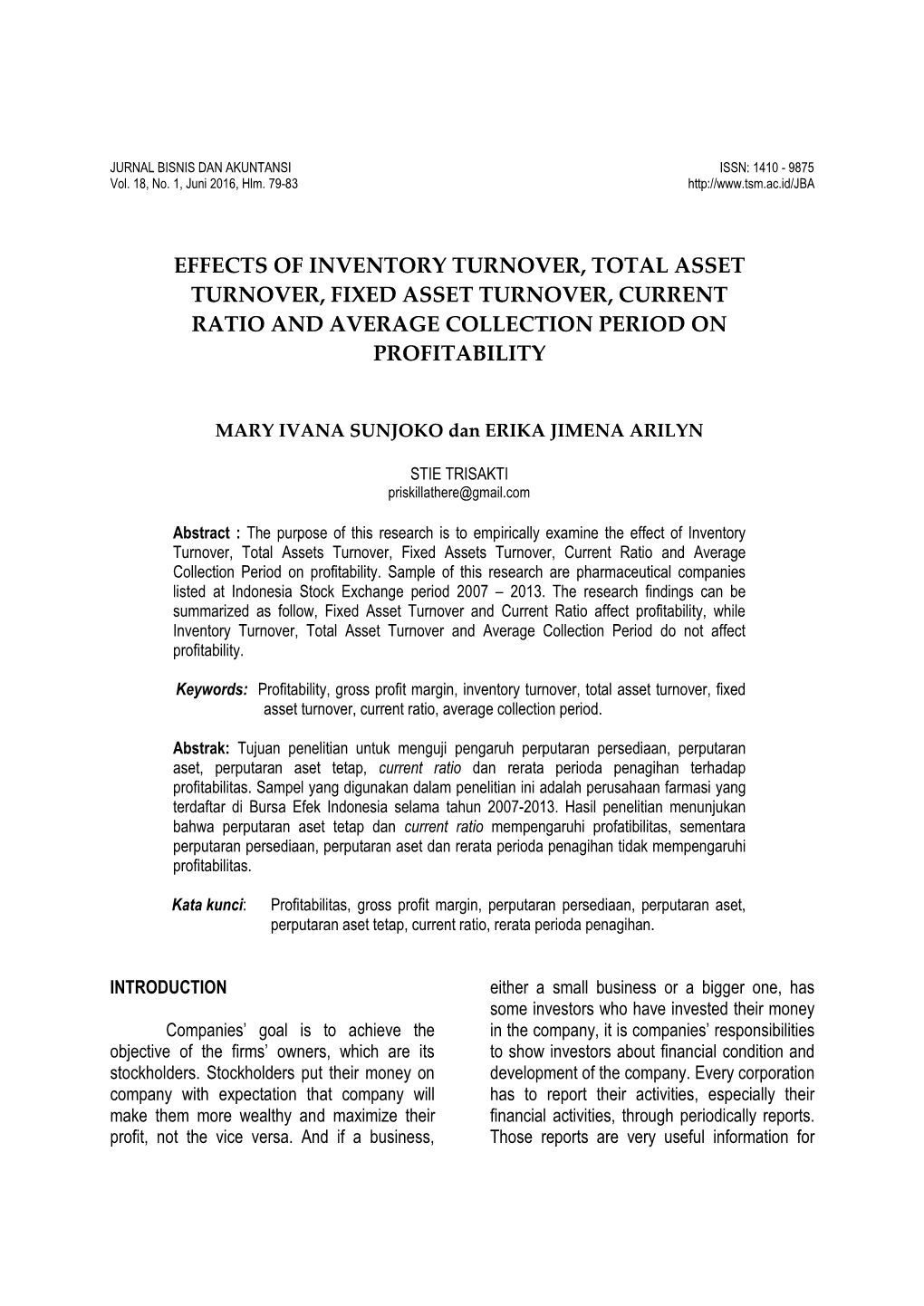 Effects of Inventory Turnover, Total Asset Turnover, Fixed Asset Turnover, Current Ratio and Average Collection Period on Profitability