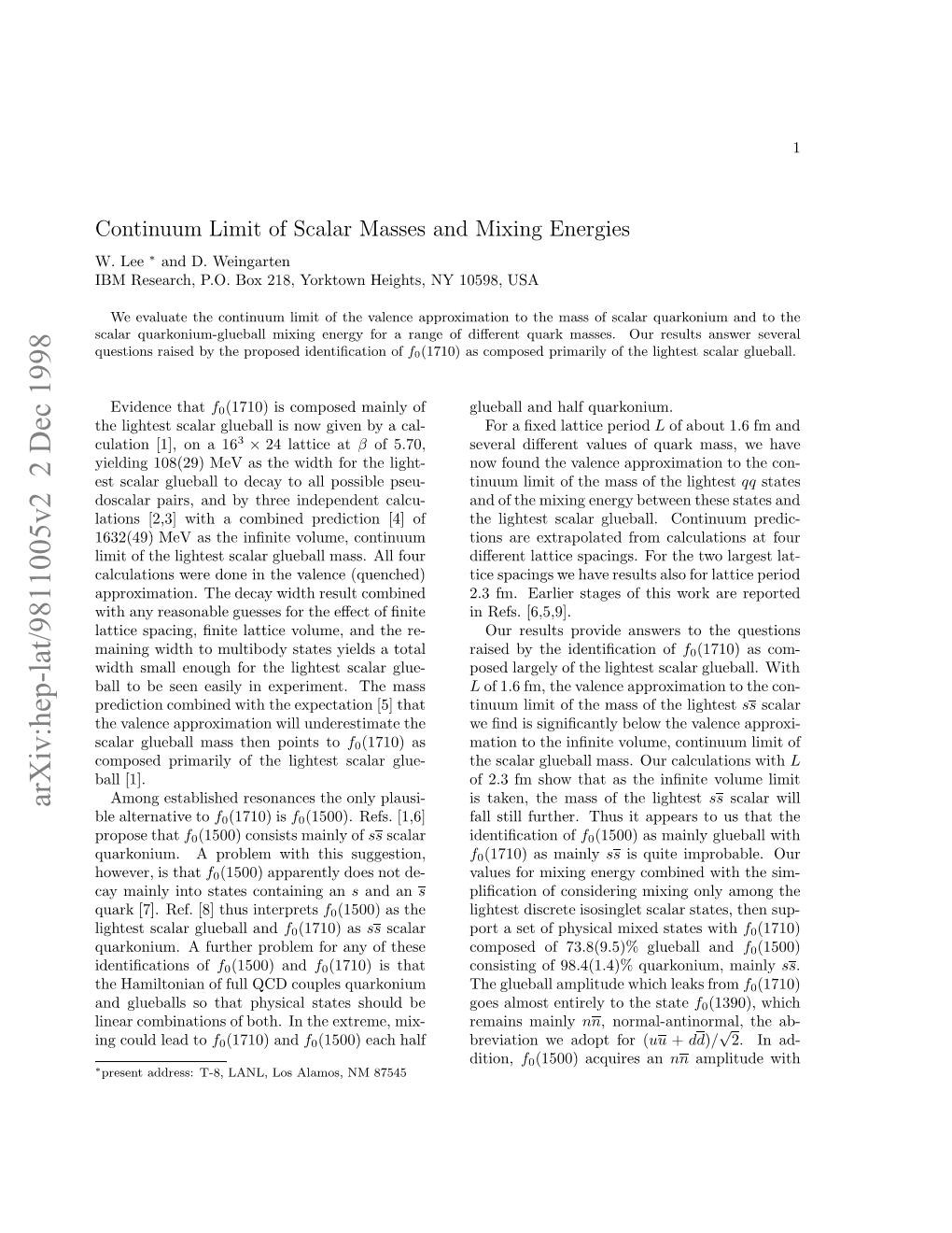 Continuum Limit of Scalar Masses and Mixing Energies