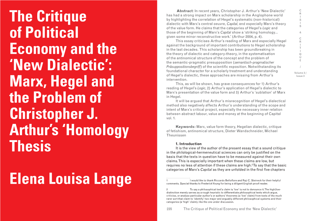 'New Dialectic': Marx, Hegel and the Problem of Christopher J. Arthur's