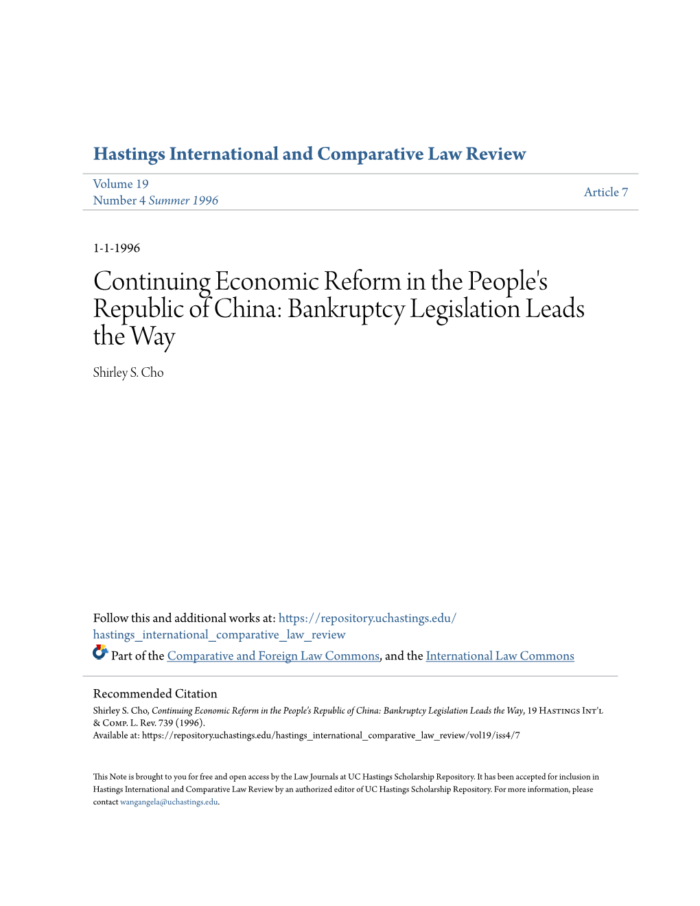 Continuing Economic Reform in the People's Republic of China: Bankruptcy Legislation Leads the Way Shirley S