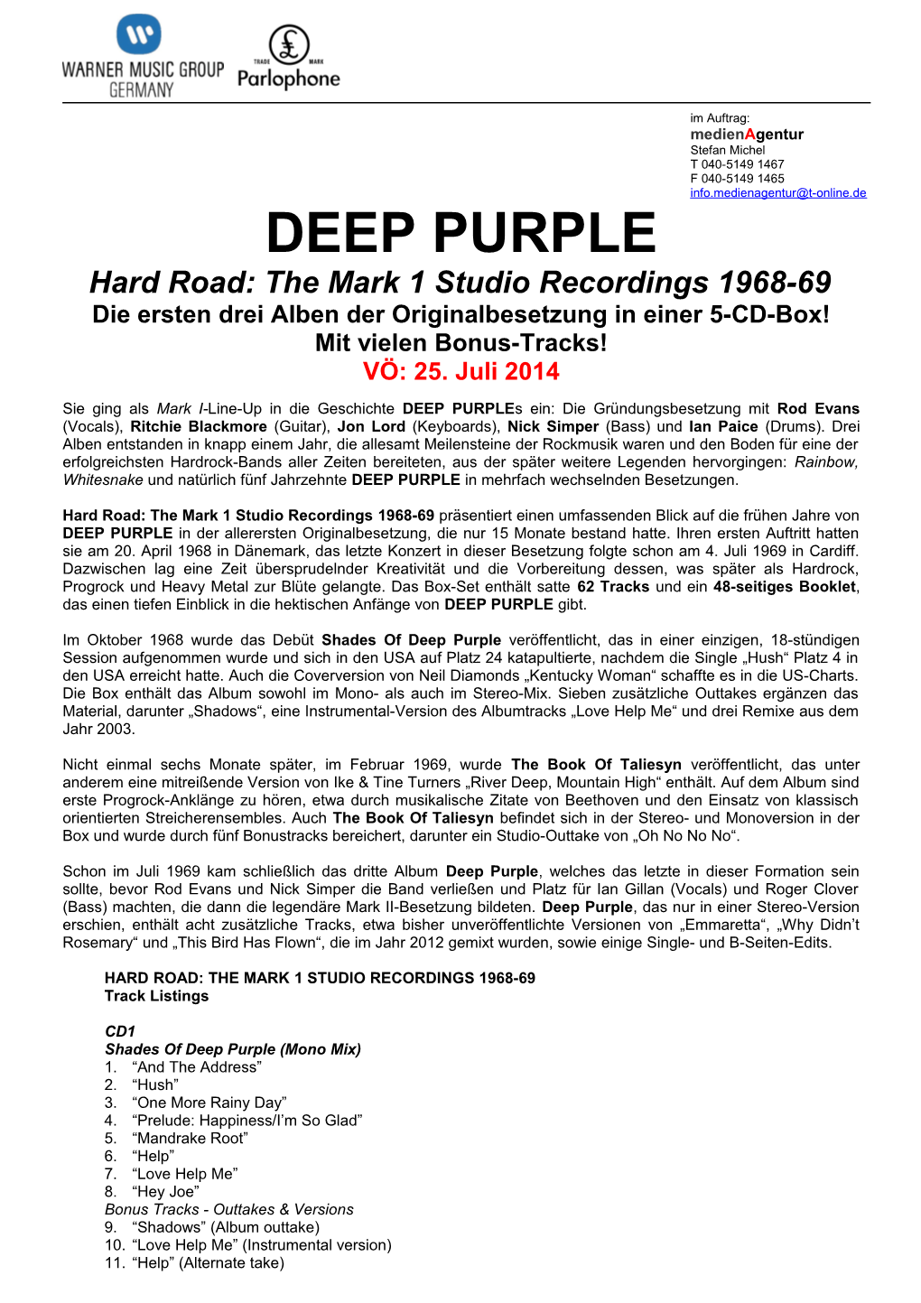 DEEP PURPLE Hard Road: the Mark 1 Studio Recordings 1968-69 Die Ersten Drei Alben Der Originalbesetzung in Einer 5-CD-Box! Mit Vielen Bonus-Tracks! VÖ: 25