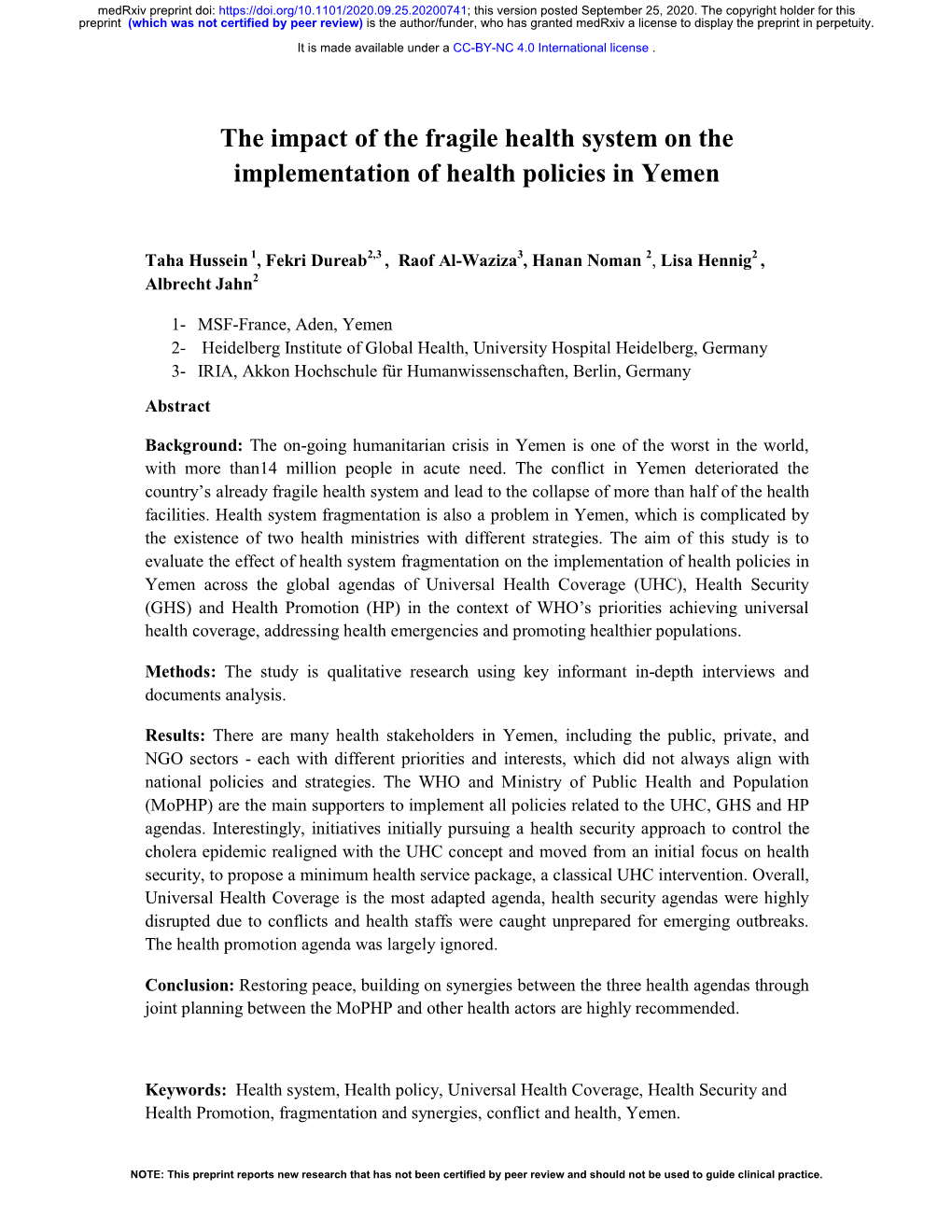 The Impact of the Fragile Health System on the Implementation of Health Policies in Yemen