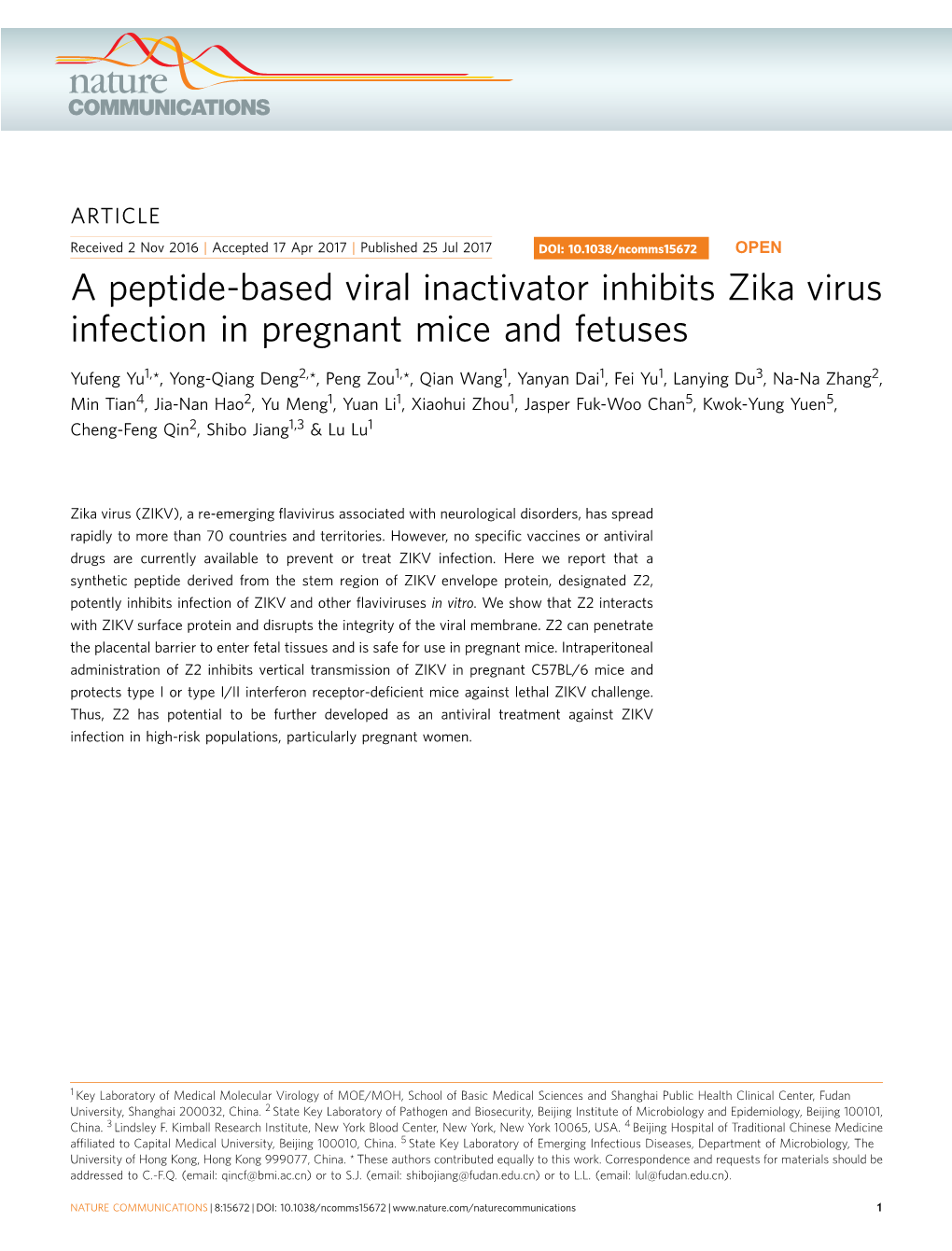 A Peptide-Based Viral Inactivator Inhibits Zika Virus Infection in Pregnant Mice and Fetuses