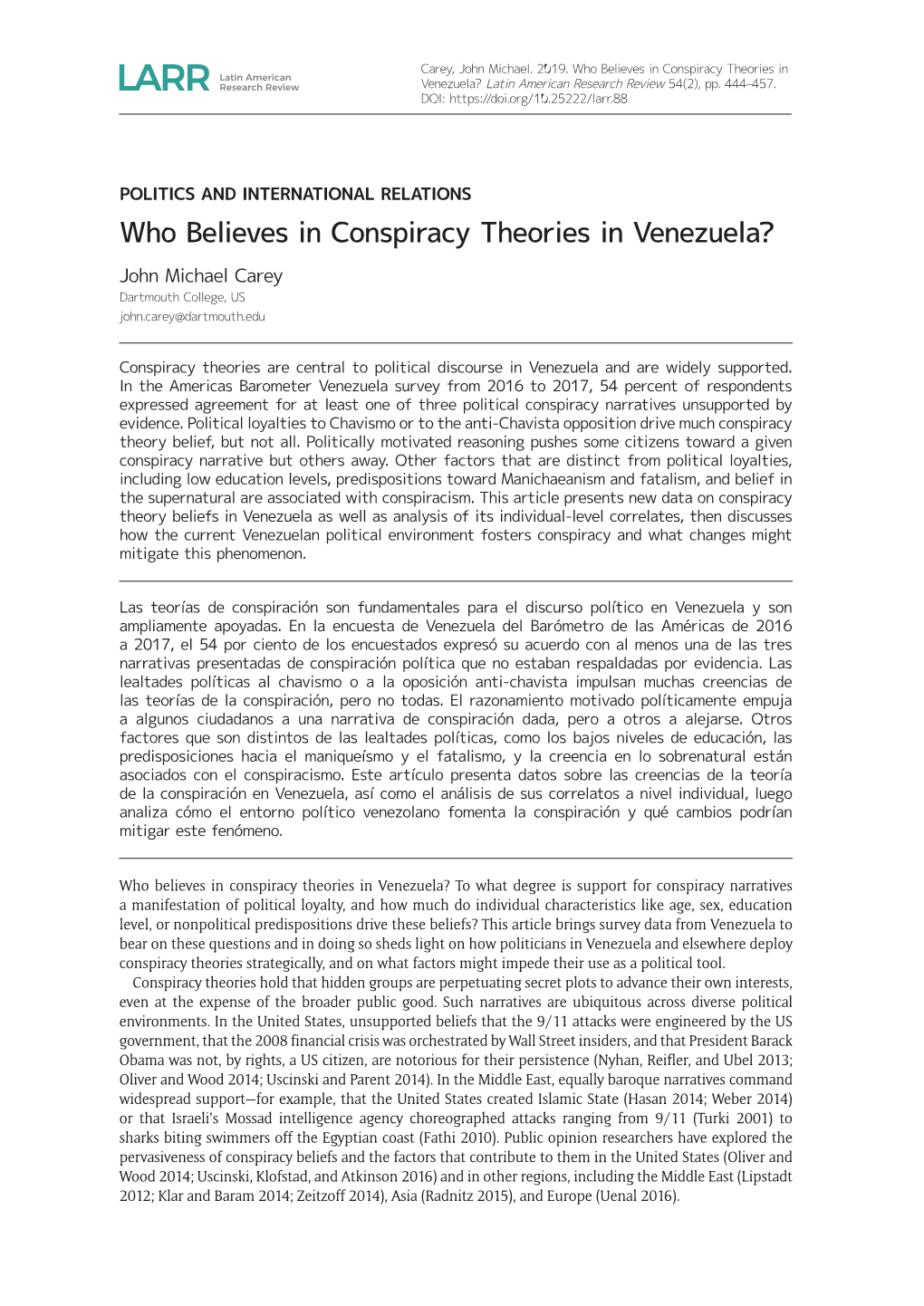 Who Believes in Conspiracy Theories in Venezuela? Latin American Research Review 54(2), Pp
