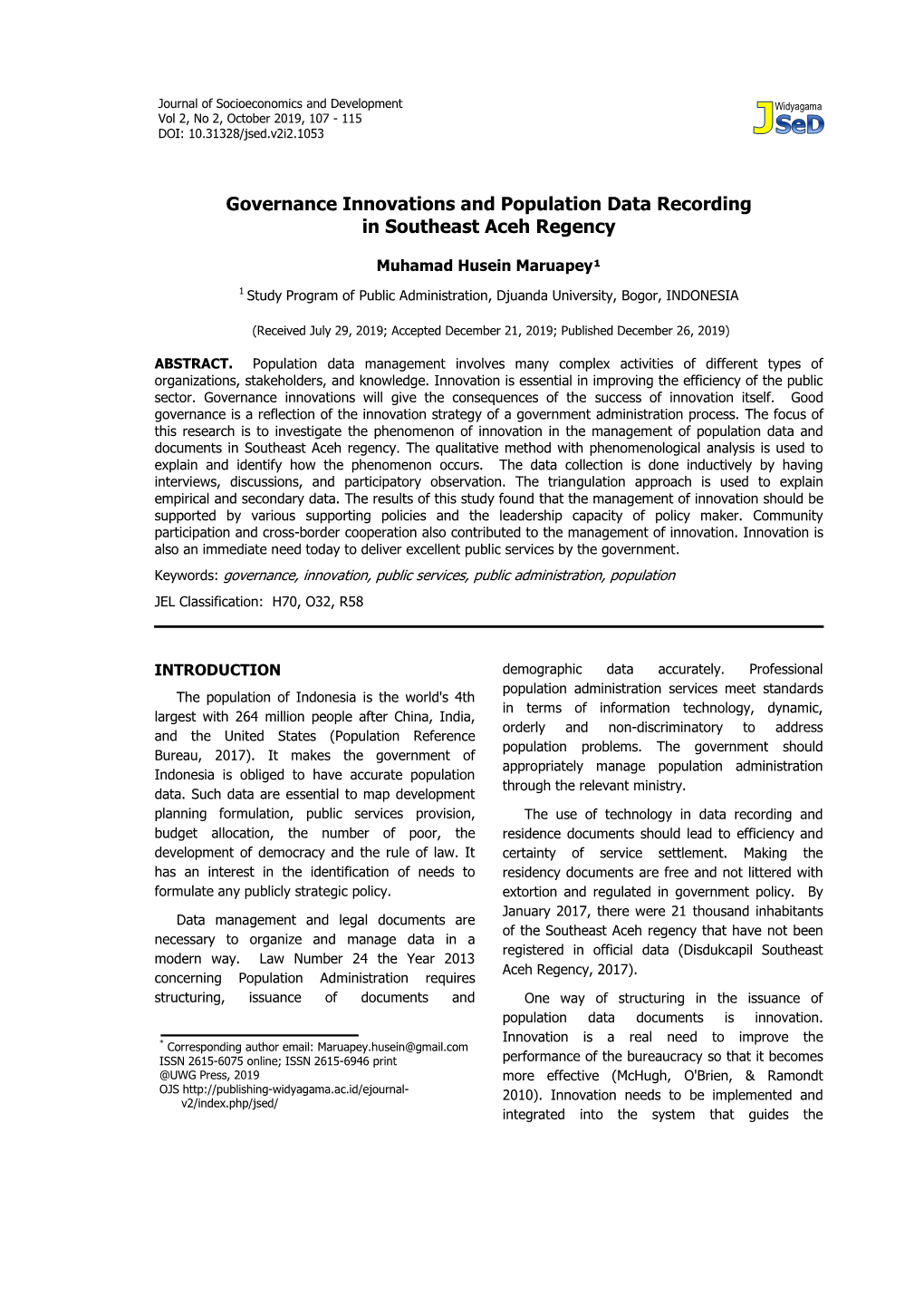 Governance Innovations and Population Data Recording in Southeast Aceh Regency