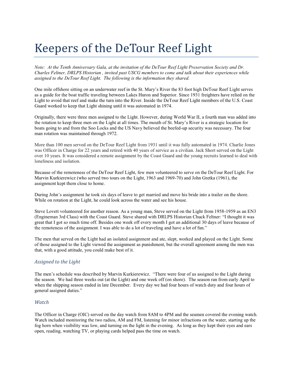 Keepers of the Detour Reef Light