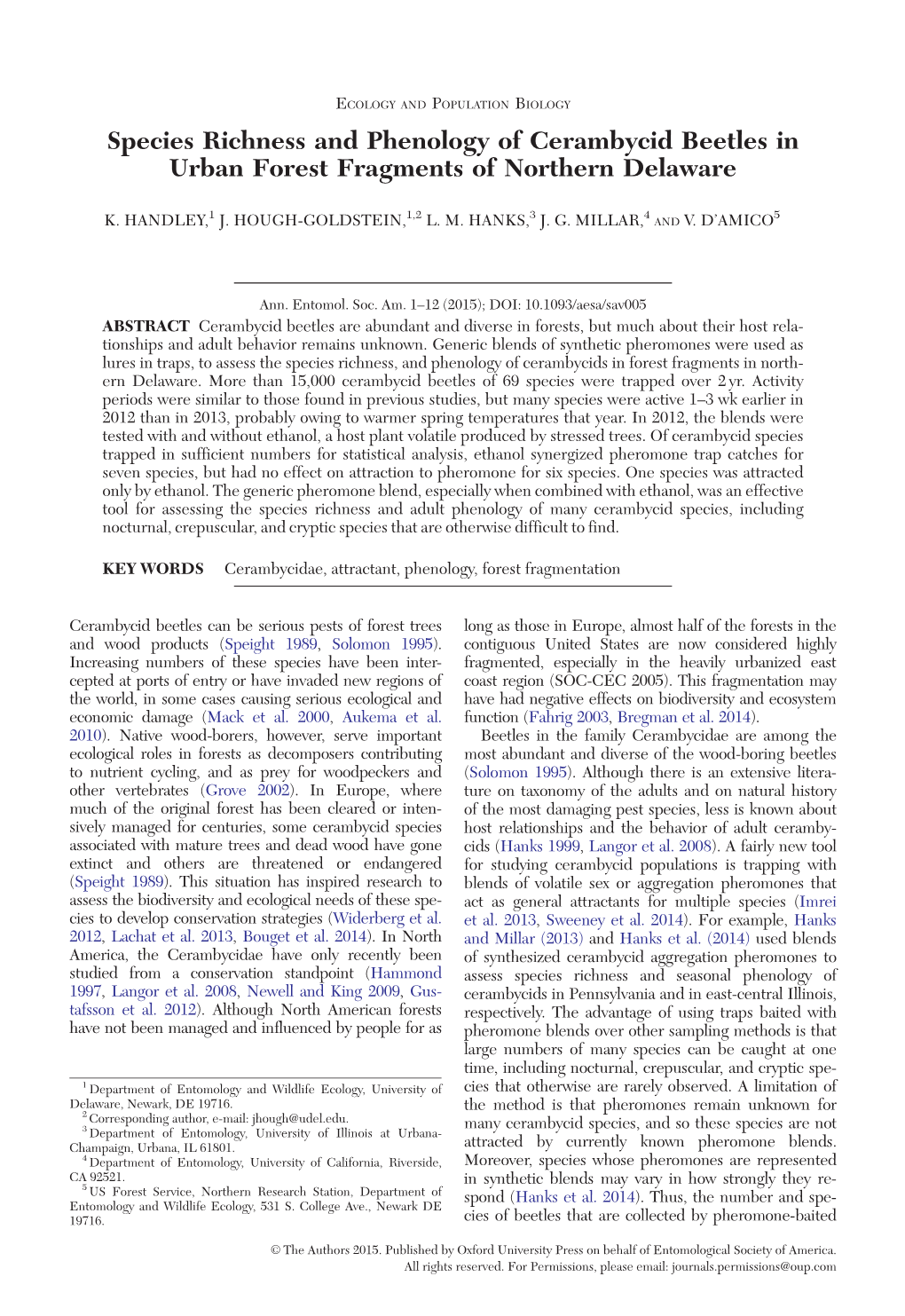 Species Richness and Phenology of Cerambycid Beetles in Urban Forest Fragments of Northern Delaware