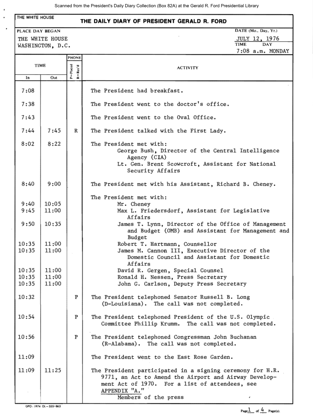 President's Daily Diary Collection (Box 82A) at the Gerald R