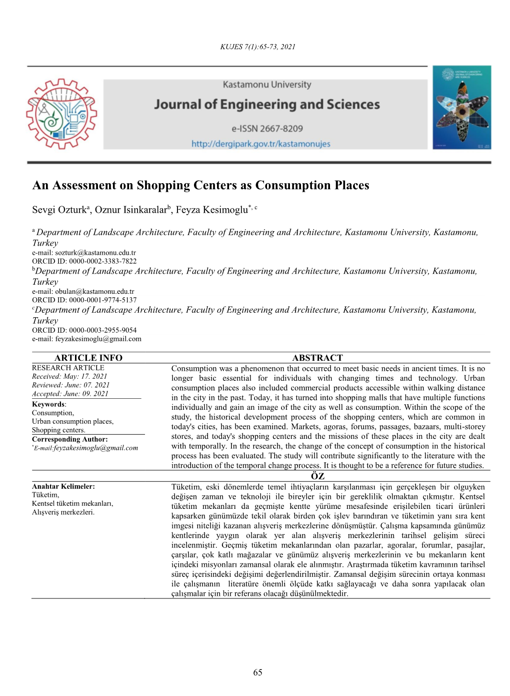 An Assessment on Shopping Centers As Consumption Places