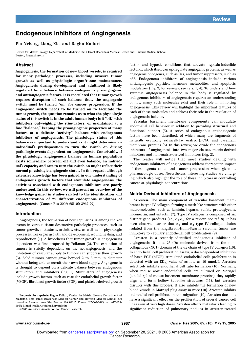 Endogenous Inhibitors of Angiogenesis