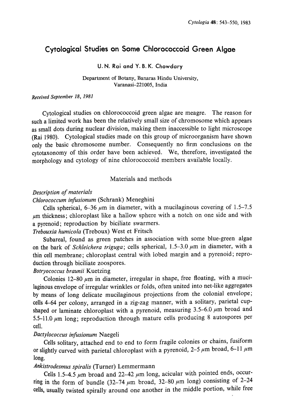 Cytological Studies on Some Chlorococcoid Green Algae U. N