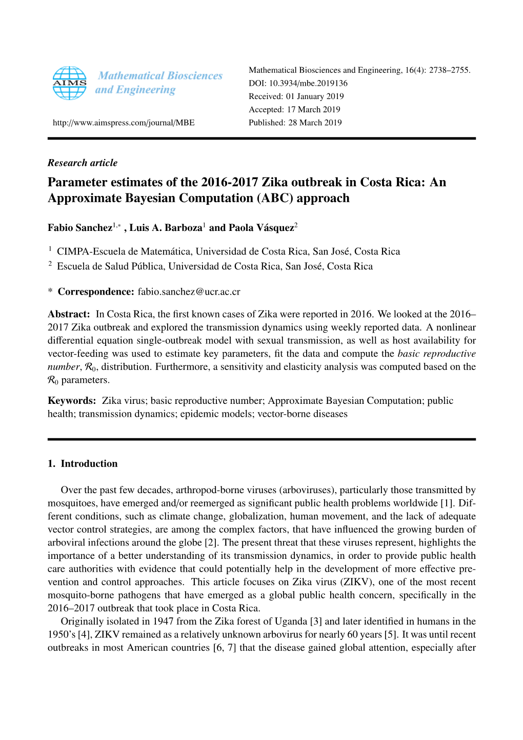 Parameter Estimates of the 2016-2017 Zika Outbreak in Costa Rica: an Approximate Bayesian Computation (ABC) Approach