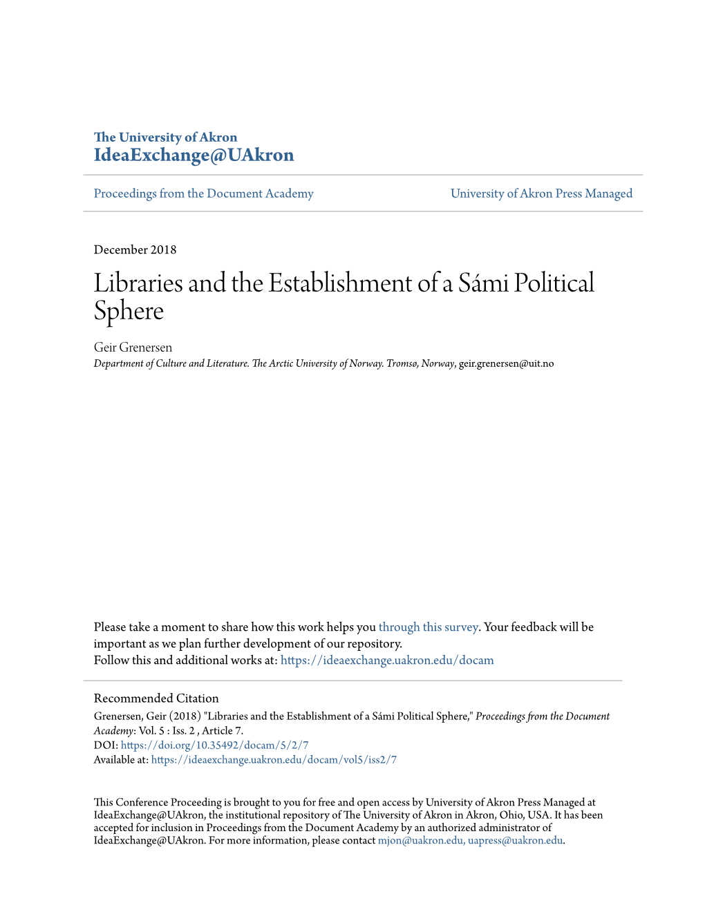 Libraries and the Establishment of a Sámi Political Sphere Geir Grenersen Department of Culture and Literature