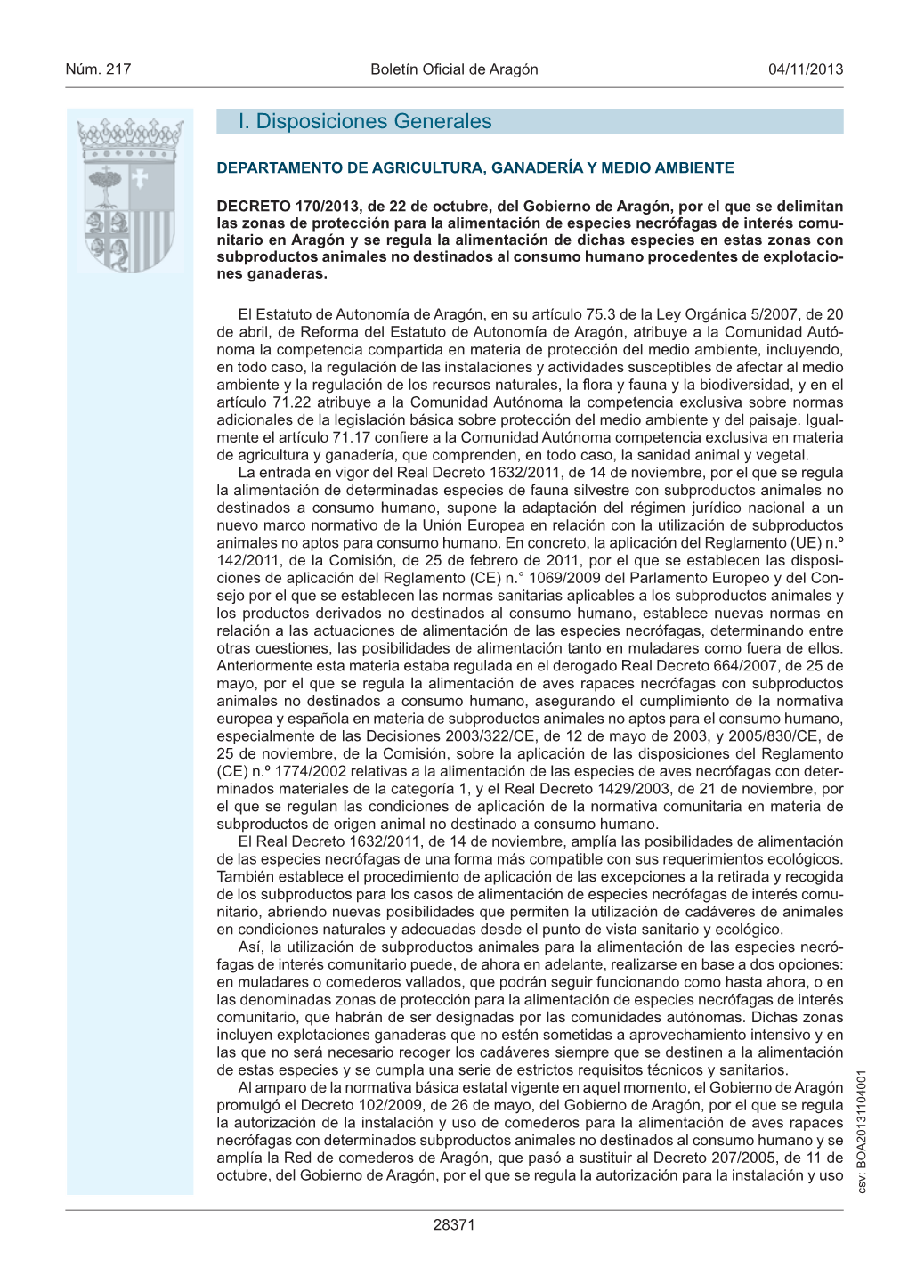 DECRETO 170/2013, De 22 De Octubre, Del Gobierno De Aragón