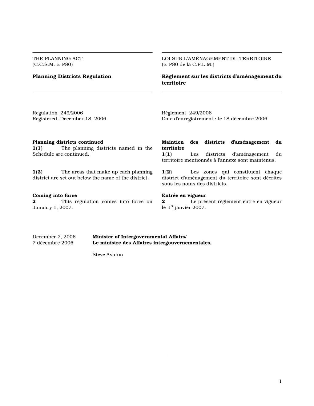 Planning Districts Regulation, M.R. 249/2006